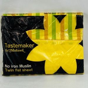 Vtg Mohawk Tastemaker Twin Flat Bed Sheet Striped Green Orange‎ Yellow Muslin